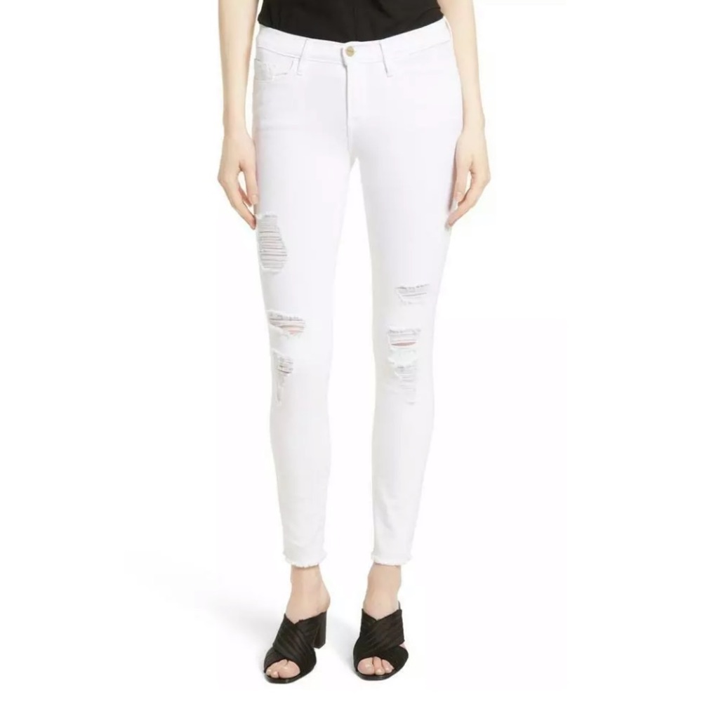 FRAME DENIM Le Skinny De Jeanne White  Distressed Jeans 25